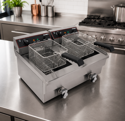 Commercial Countertop Electric Fryer Twin Tank 2 × 9.5 Litre with Drain Taps