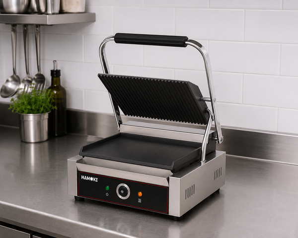 Electric Contact Grill Single Ribbed Top Smooth Bottom Cast Iron Plate Countertop Panini Press