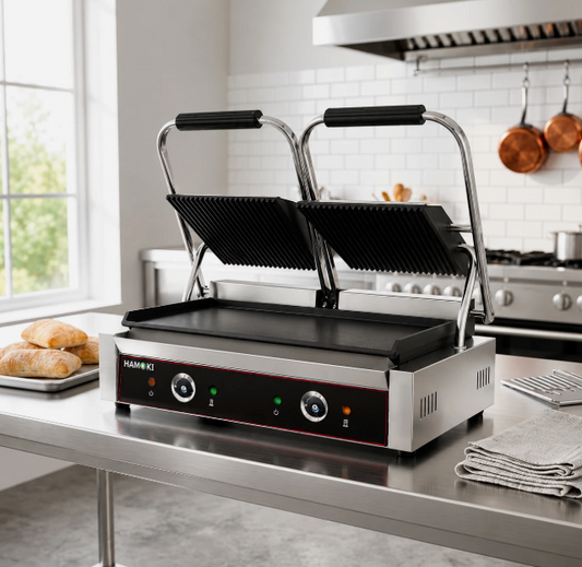 Electric Contact Grill Twin Ribbed Top Smooth Bottom Cast Iron Countertop Panini Press