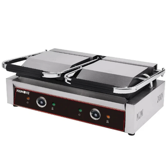 Electric Contact Grill Twin Ribbed Top Smooth Bottom Cast Iron Countertop Panini Press