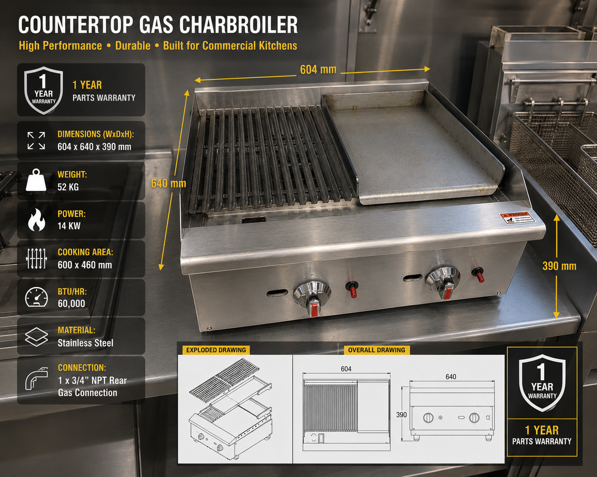 Gas Countertop Charbroiler Dual Control Heavy Duty Stainless Steel Grill