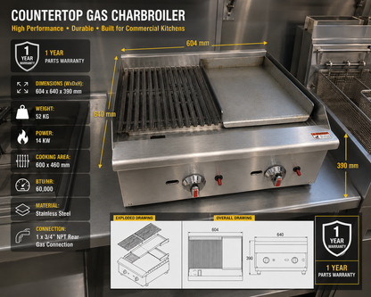 Gas Countertop Charbroiler Dual Control Heavy Duty Stainless Steel Grill