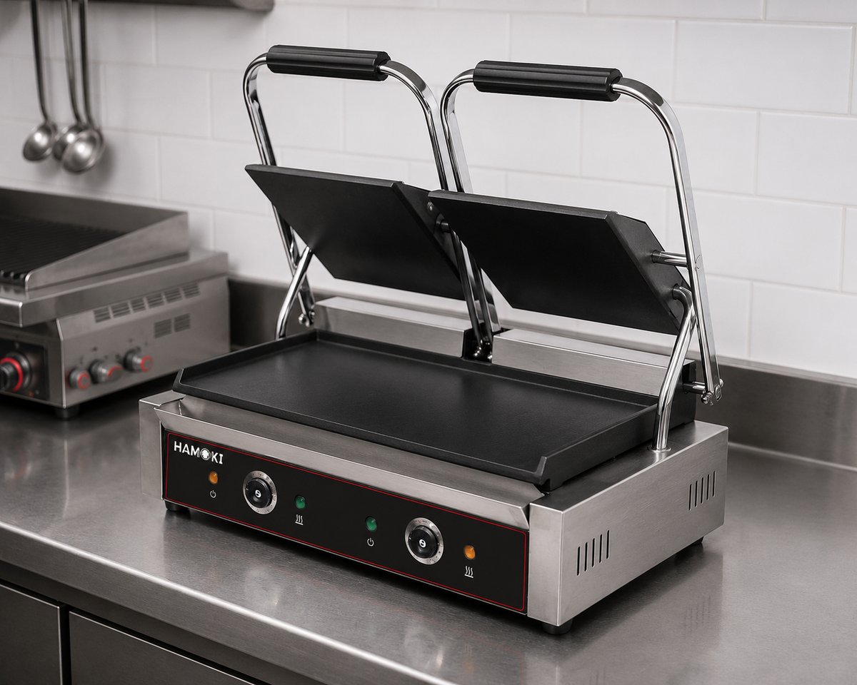 Electric Contact Grill Twin Smooth Cast Iron Plates Countertop Panini Press