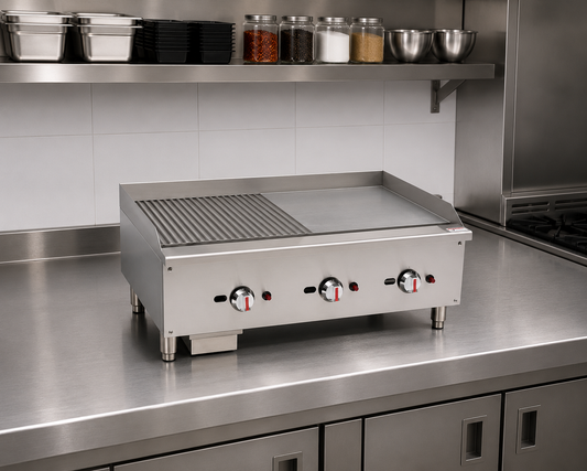 Commercial Gas Countertop Half Ribbed Griddle Triple Control