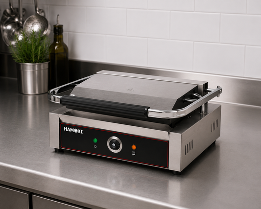 Electric Contact Grill Single Ribbed Top Smooth Bottom Cast Iron Plate Countertop Panini Press