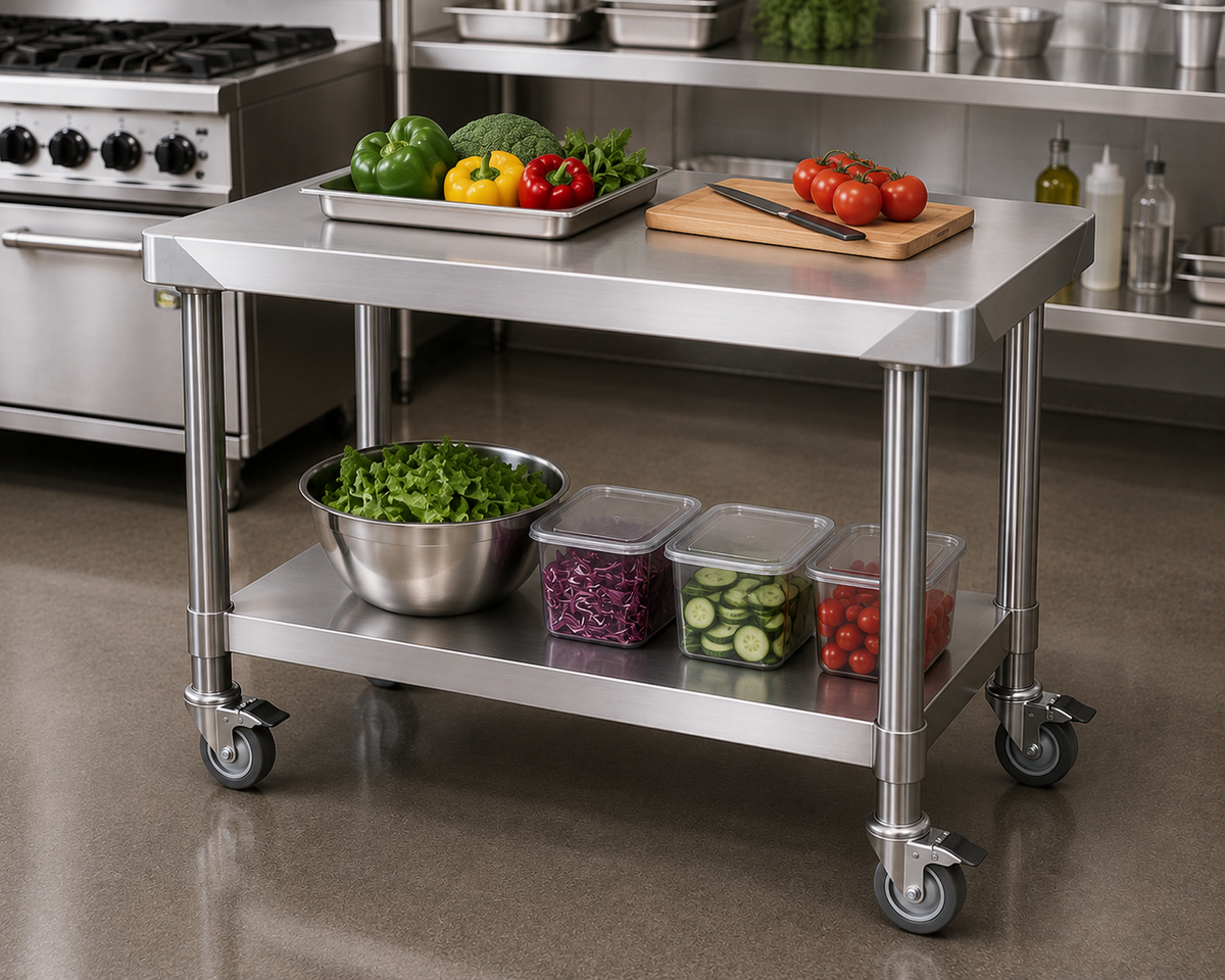 Commercial Stainless Steel Charbroiler & Griddle Stand with Lockable Castor Wheels