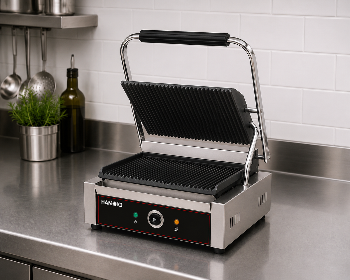 Electric Contact Grill Single Ribbed Cast Iron Plates Countertop Panini Press