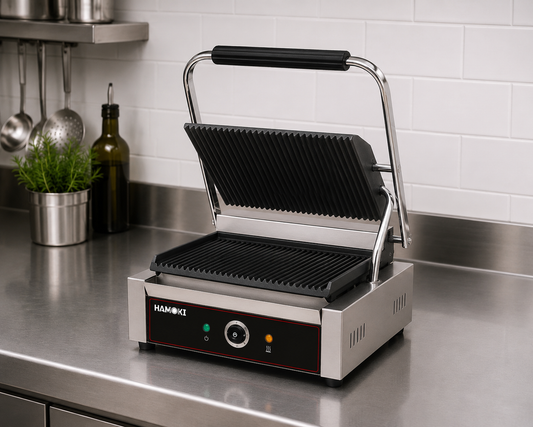Electric Contact Grill Single Ribbed Cast Iron Plates Countertop Panini Press