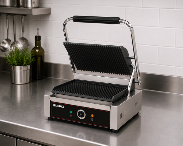 Electric Contact Grill Single Ribbed Cast Iron Plates Countertop Panini Press