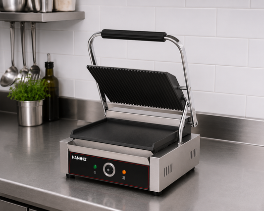 Electric Contact Grill Single Ribbed Top Smooth Bottom Cast Iron Plate Countertop Panini Press