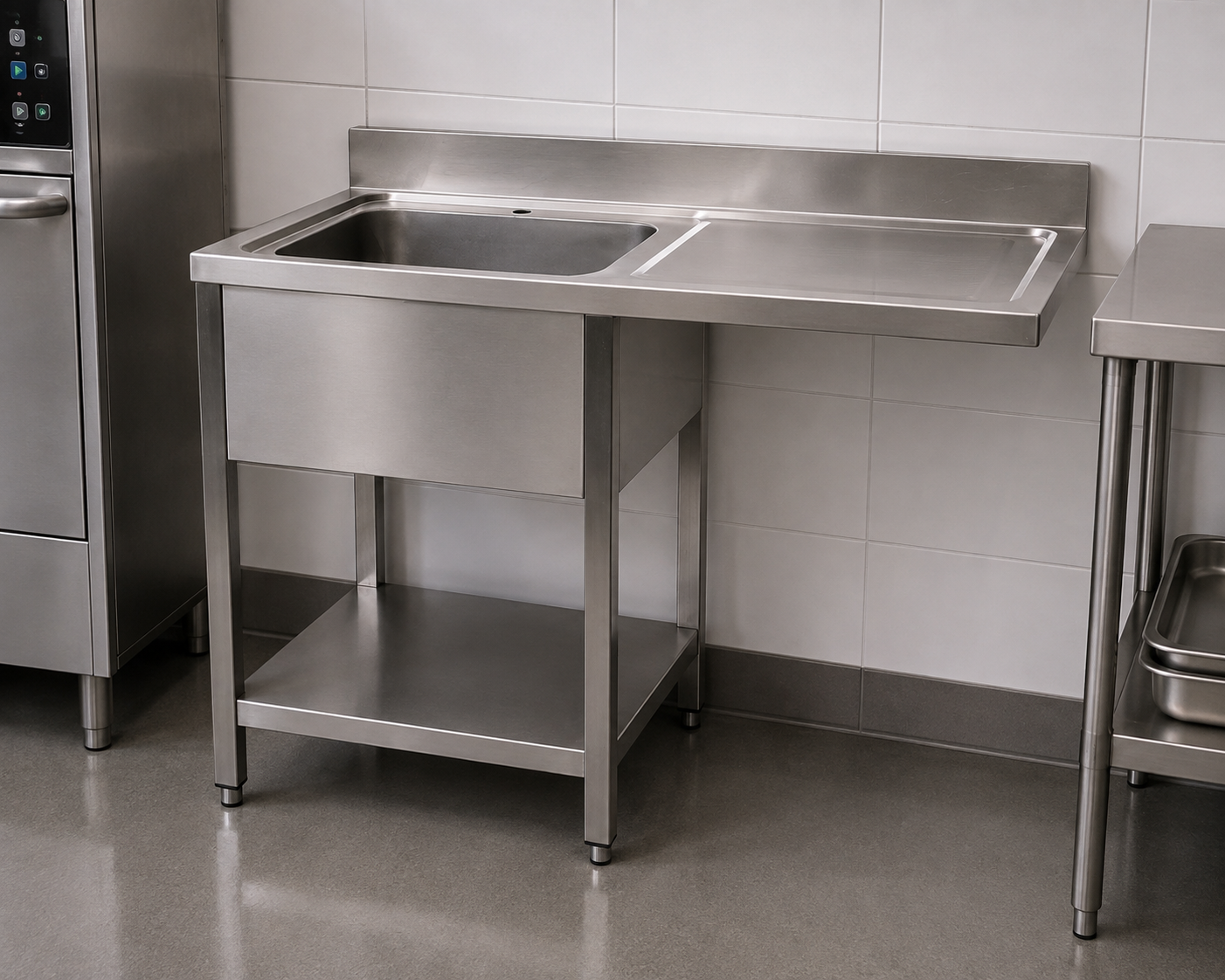 Commercial Stainless Steel Dishwasher Sink with Right-Hand Drainer