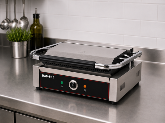 Electric Contact Grill Single Ribbed Cast Iron Plates Countertop Panini Press