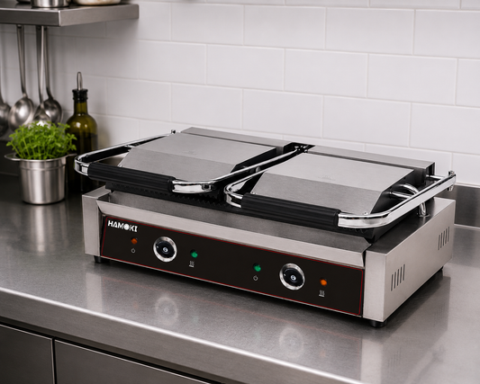 Electric Contact Grill Twin Ribbed Cast Iron Plates Countertop Panini Press