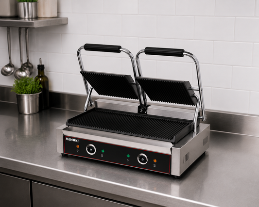 Electric Contact Grill Twin Ribbed Cast Iron Plates Countertop Panini Press